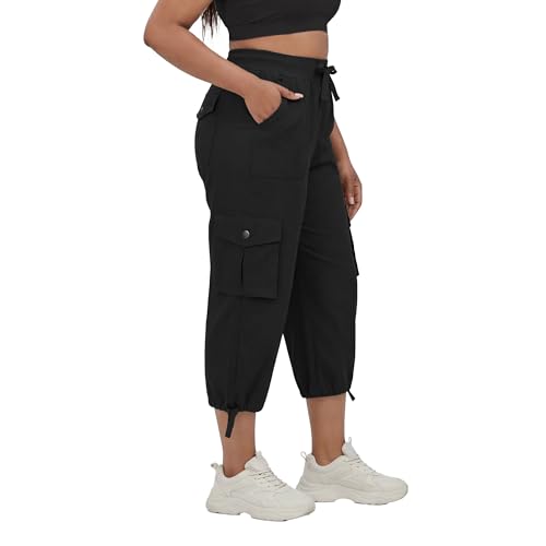 Plus Size Cargo Capris for Women with Pockets Lightweight Stretch Wide Leg Cropped Activewear Joggers - 3X-Large Black