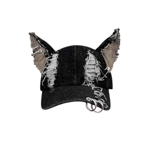 Cat Ear Baseball Cap Iron Ring Trucker Hat Women Caps Distressed Denim Baseball Cap Grunge Aesthetic Hat