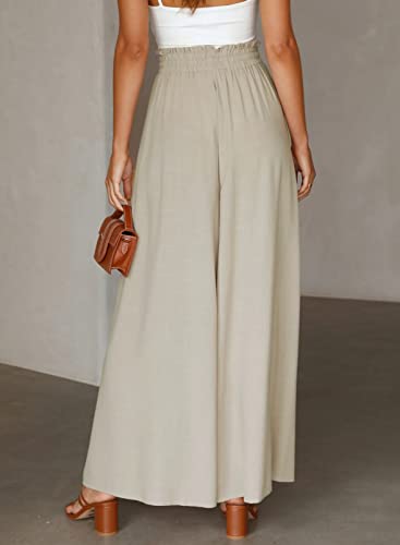 Dokotoo Wide Leg Pants for Women Beige Medium Casual Elastic Waist Drawstring Pants