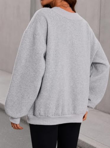 Hilinker Women's V Neck Oversized Sweatshirt Long Sleeve Pullover Large Grey