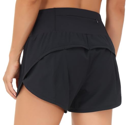 Women's High Waisted Running Shorts - Quick Dry Workout Shorts, Black, Large