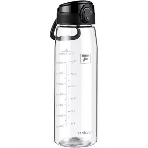 Fanhaw 32 oz Clear Plastic Water Bottle with Chug Lid & Black Cap - Variation of THIS listing