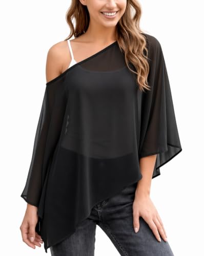 Women’s Chiffon Cape Mesh Sheer Poncho Top - Black, One Size Summer Beach Cover Up
