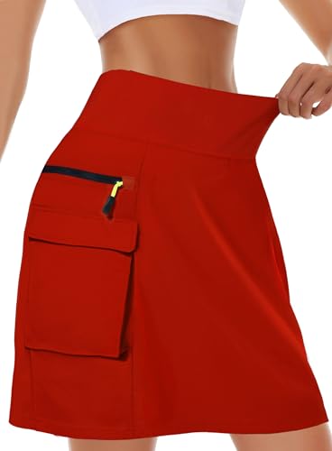 Women's Quick Dry Cargo Skirt with 5 Pockets - High Waist Golf Skirt, Red, Medium