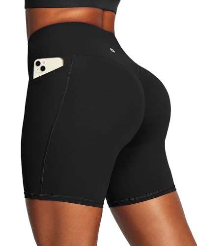 Medium Black Butt Lifting Biker Shorts Women Tummy Control Pockets High Waist Yoga Workout