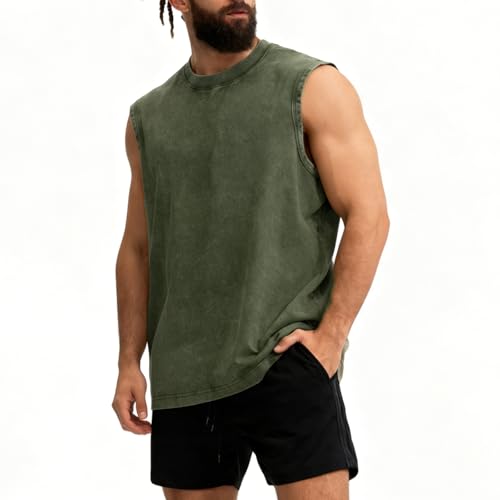 Men's Workout Tank Top Sleeveless Muscle Shirt - Acid Wash Cotton, Green, X-Large