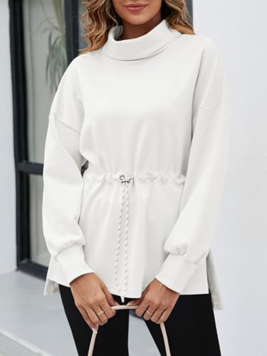Women's Turtleneck Sweatshirt with Side Slit & Drawstring Waist - White, Large