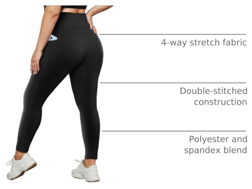 Plus Size Leggings with Pockets for Women - High Waist Tummy Control Yoga Pants 3X-Large Black