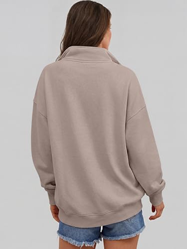 Women's Oversized Sweatshirt Mock Neck Henley - Mocha, Small - Fall Outfits