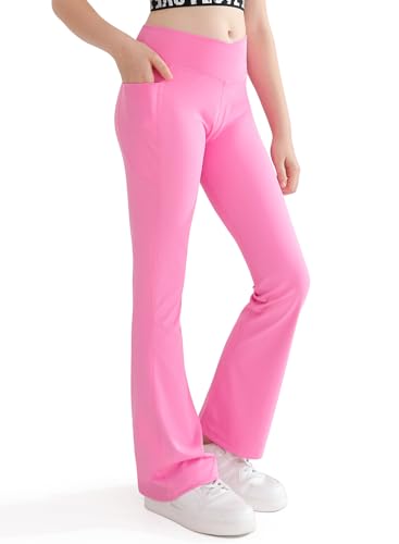 Girls Flare Yoga Leggings Cross High Waisted Pants Kids Activewear with Pockets - Hot Pink 12-13 Years