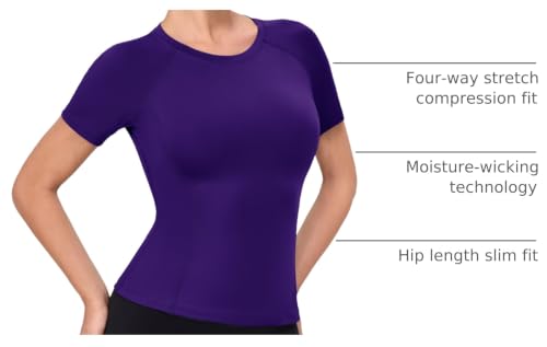 Women's Compression Shirt Short Sleeve Workout Top - Purple, Large - Athletic Baselayer for Running Yoga Gym