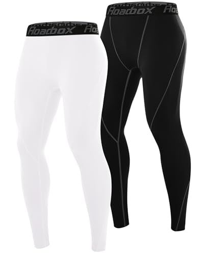 Men's Compression Running Tights - Large Black & White, Quick Dry Sport Leggings