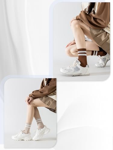 Women’s Striped Cotton Crew Socks - 4 Pairs, Size 5-10, White Coffee Brown Beige