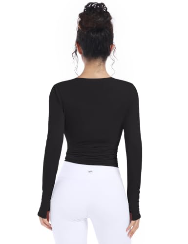 Women's Ballet Wrap Top Long Sleeve Pilates Dance Shirt - Medium Black