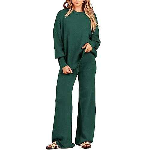 ANRABESS Womens 2 Piece Outfits Fall Lounge Set 2025 Oversized Chunky Knit Sweater Top Wide Leg Pants Loungewear Clothes