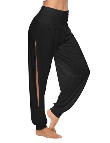 AvaCostume Women's Harem Yoga Pants Side Slit Workout Sweatpants - Small, Black