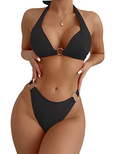 SweatyRocks Women's Linked Ring Halter Push Up Bikini Set Large Black