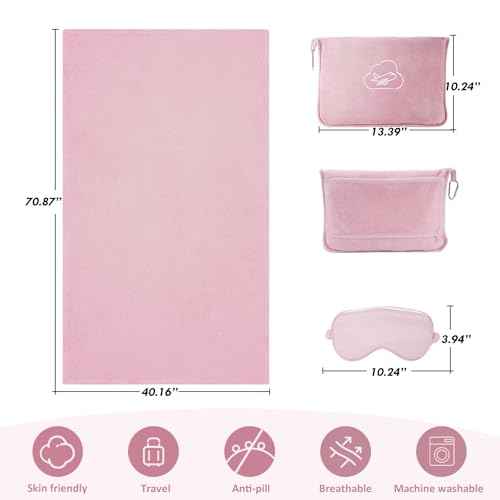Travel Blanket, Airplane Blanket with Bag, Ultra-Soft, Warm & Lightweight, 65x40 in, Outdoor Blanket Essentials for Women, Men & Kids, Included Eye Mask, Luggage Sleeve & Backpack Clip