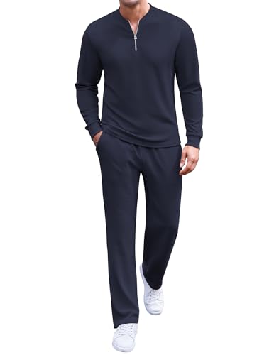 Men's Navy Blue 2-Piece Tracksuit Set Polo Athletic Sweatsuit Quarter Zip Jogging Outfit Large