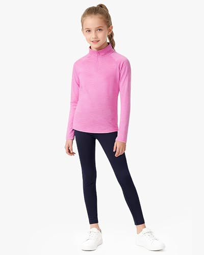 Girls Long Sleeve Athletic Shirt Quarter Zip Pullover for Sports - Pink 7-8 Years