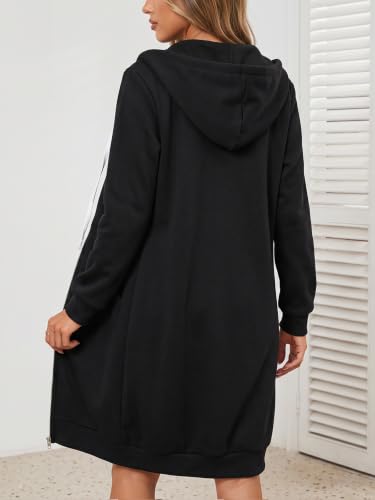 Women's Black Large Zip Up Fleece Hoodie with Pockets - Cozy Long Sweatshirt
