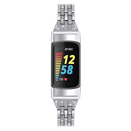 Silver Rhinestone Metal Bracelet Compatible with Fitbit Charge 6/5 - Luxurious Women's Wristband