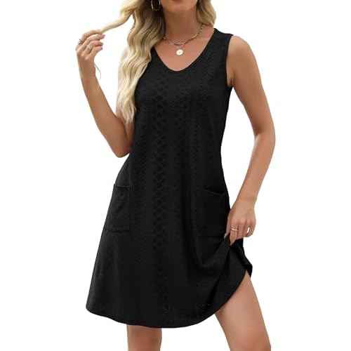 Swimsuit Coverup Summer Dresses for Women Eyelet Casual Loose Sleeveless Sundress with Pockets