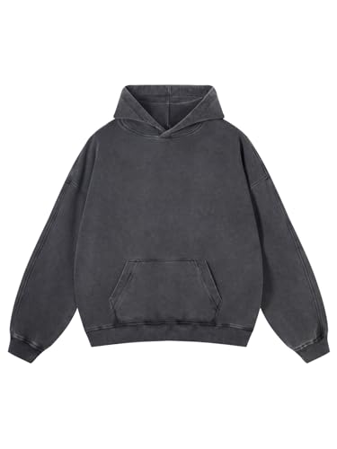 Mens Oversized Hoodies Pullover - Acid Wash Plain Preppy Cotton Hoodie, Large A01-Black