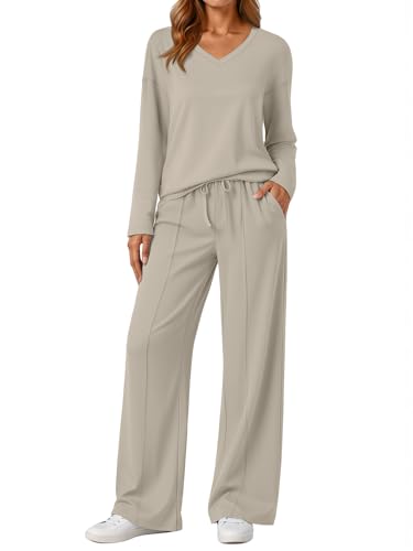 AUTOMET Women's Khaki Lounge Sweatsuits 2-Piece Set Medium Fall Outfits