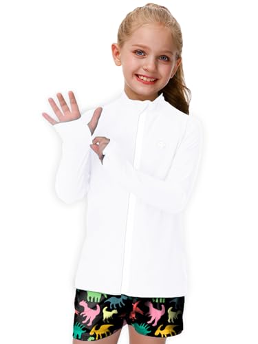 Unisex Kids Rash Guard Sun Shirt UPF 50+ UV Protection with Thumb Hole - White, 13-14 Years
