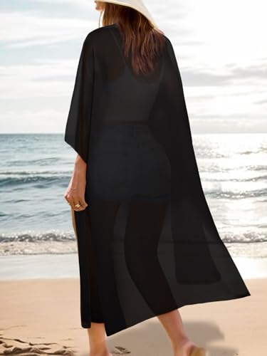 Women's Long Lightweight Kimono Cover Up Beach Swimsuit Boho Cardigan Large / 002 Black