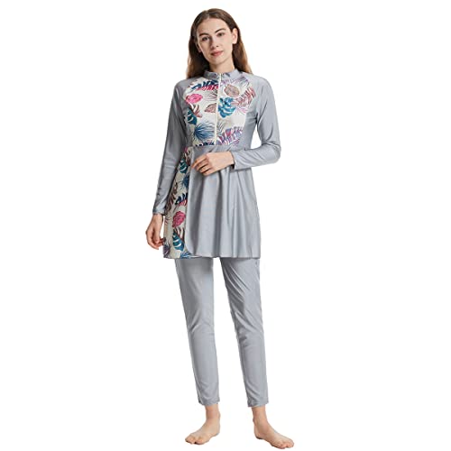 Modest Burkini Swimsuit for Women with Long Sleeve, Built-in Bra, Pants & Hijab - Medium Gray