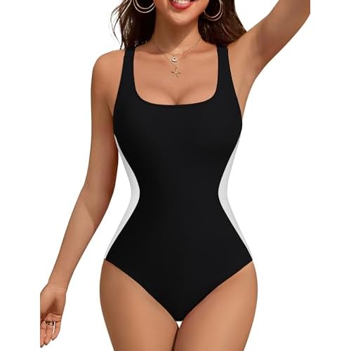 BMJL Women's One Piece Swimsuits Tummy Control Slimming Bathing Suits Crisscross Lace up Back Color Block Scoop Neck Swimwear