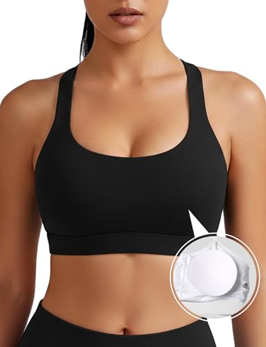 Women’s Sports Bra with Removable Cups - Black, Large, Medium Support Workout Yoga Running