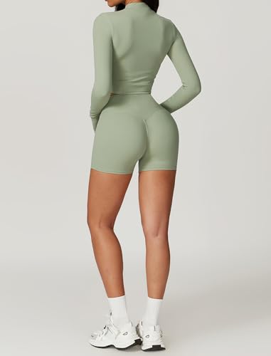 Green Workout Sets for Women 3 Piece High Waist Seamless Sportswear Crop Top Shorts Jacket