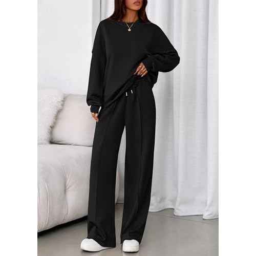 PRETTYGARDEN 2 Piece Sets For Women Fall Trendy Long Sleeve Sweatshirt Wide Leg Pants Loungewear Set Matching Sweatsuit