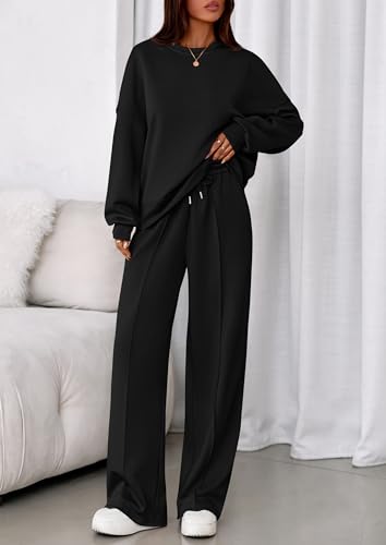 PRETTYGARDEN Women's Long Sleeve Sweatshirt 2-Piece Set Large Black