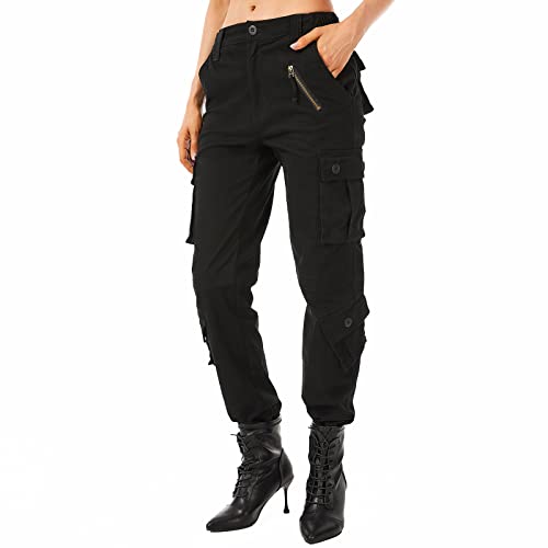 Women's Cotton Military Cargo Work Pants with 8 Pockets - Black, Size 2