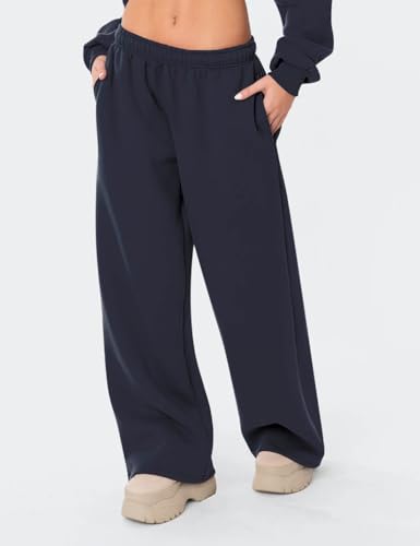 Women's Wide Leg Fleece-Lined Sweatpants - Navy Blue, Small