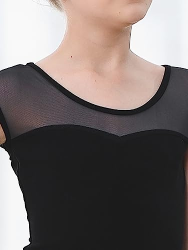 Girls Ballet Leotard with Cotton Mesh Cap Sleeve for Dance Class - 6-7 Years, Black
