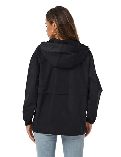 Women's Waterproof Windbreaker Rain Jacket with Hood - Black, Large