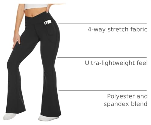 Black Flare Leggings for Women - Crossover Yoga Pants with Pockets - Small, V Rise-Two Pocket