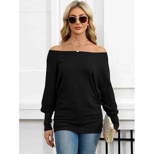 Eniloyal Women's Off Shoulder Tops Batwing Long Sleeve Shirts Loose Fall Fashion Blouse Tunic Oversized Pullover Sweater