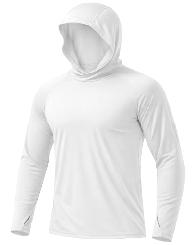 Men's UPF 50+ Sun Hoodie Long Sleeve Fishing Shirt Large White