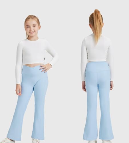Girls Flare Leggings - Seamless Ribbed Yoga Pants with Cross High Waist, Bootcut Bell Bottoms - Black, Pink, Light Blue, 15-16 Years