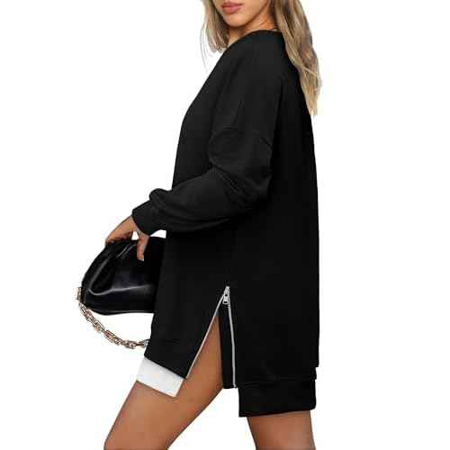 CHICZONE Crew Neck Oversized Sweatshirt Zipper Slit Long Sleeve Pullover for Women 2025 Trendy Fall Clothes