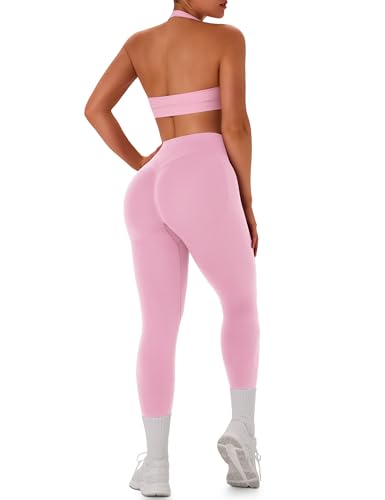 Women Workout Sets 2 Piece Halter Sports Bra Scrunch Butt Leggings - Pink Medium