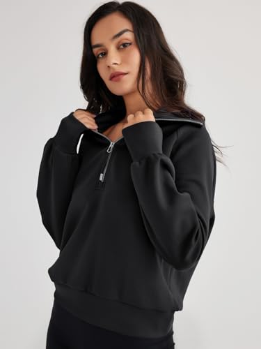 Trendy Queen Womens Oversized Quarter Zip Sweatshirt Cropped Pullover – Black (Medium)