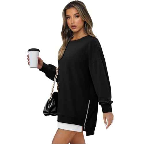 CHICZONE Crew Neck Oversized Sweatshirt Zipper Slit Long Sleeve Pullover for Women 2025 Trendy Fall Clothes
