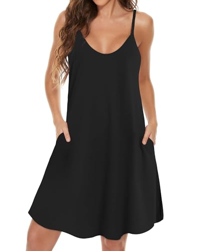 Women Spaghetti Strap Summer Dress Beach Sundresses Large Black - JOELLYUS